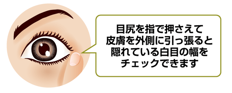 目尻を指で押さえて皮膚を外側に引っ張ると隠れている白目の幅をチェックできます